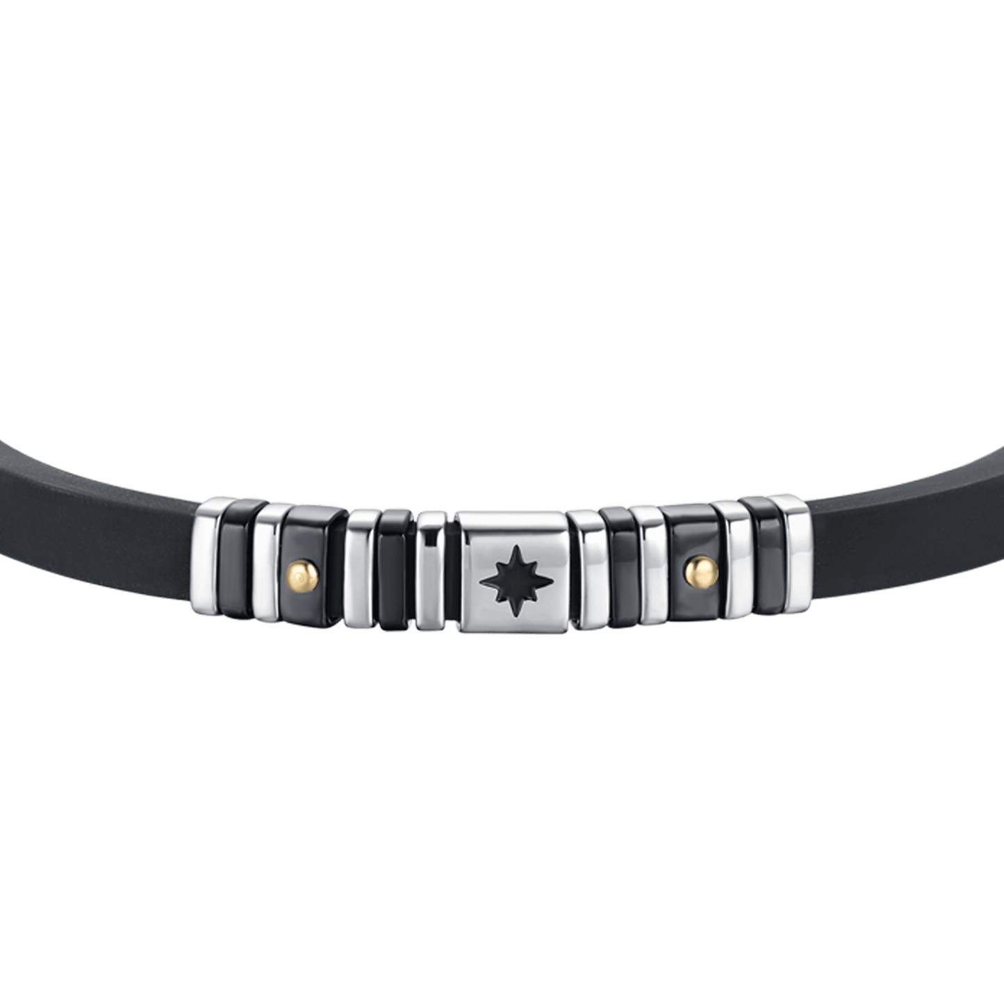 HERRENARMBAND AUS SCHWARZEM SILIKON MIT STAHLELEMENTEN UND SCHWARZER IP UND KOMPASSROSE