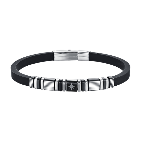 HERRENARMBAND AUS SCHWARZEM SILIKON MIT ELEMENTEN AUS STAHL UND SCHWARZEM IP UND KOMPASSROSE