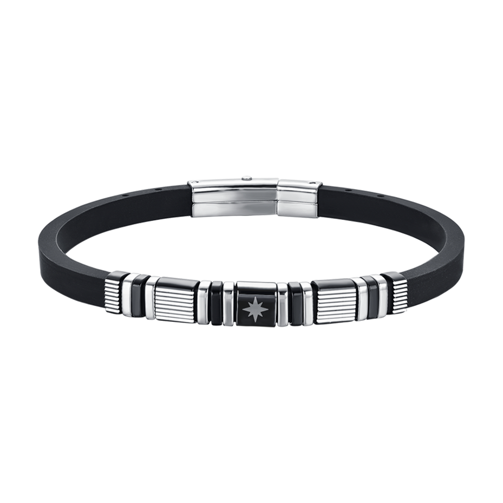 HERRENARMBAND AUS SCHWARZEM SILIKON MIT ELEMENTEN AUS STAHL UND SCHWARZEM IP UND KOMPASSROSE