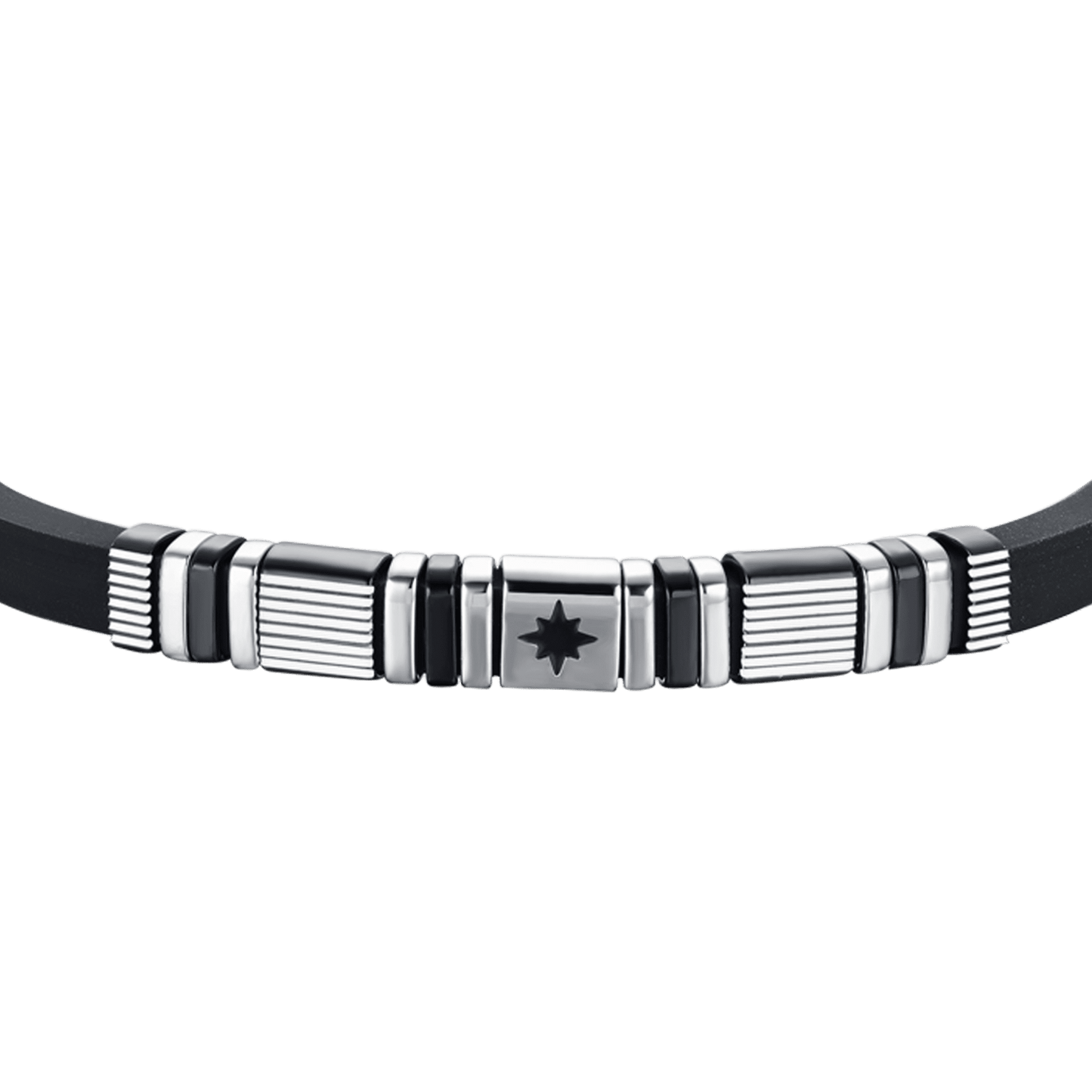 HERRENARMBAND AUS SCHWARZEM SILIKON MIT ELEMENTEN AUS STAHL UND SCHWARZEM IP UND KOMPASSROSE