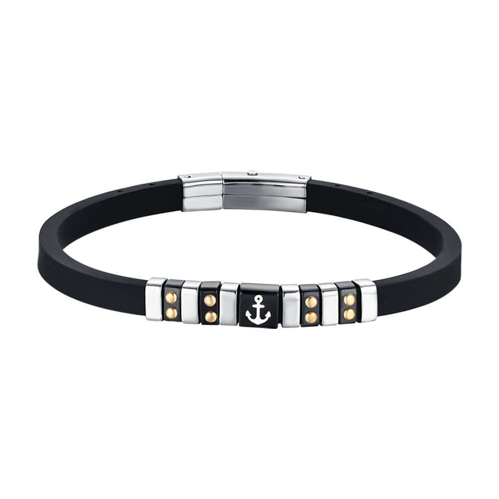 SCHWARZES SILIKONARMBAND FÜR HERREN MIT STAHLELEMENTEN, IP SCHWARZ UND GOLD MIT ANKER