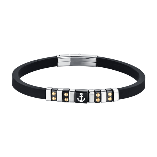 SCHWARZES SILIKONARMBAND FÜR HERREN MIT STAHLELEMENTEN, IP SCHWARZ UND GOLD MIT ANKER