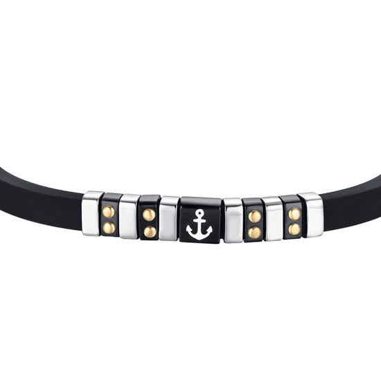 SCHWARZES SILIKONARMBAND FÜR HERREN MIT STAHLELEMENTEN, IP SCHWARZ UND GOLD MIT ANKER