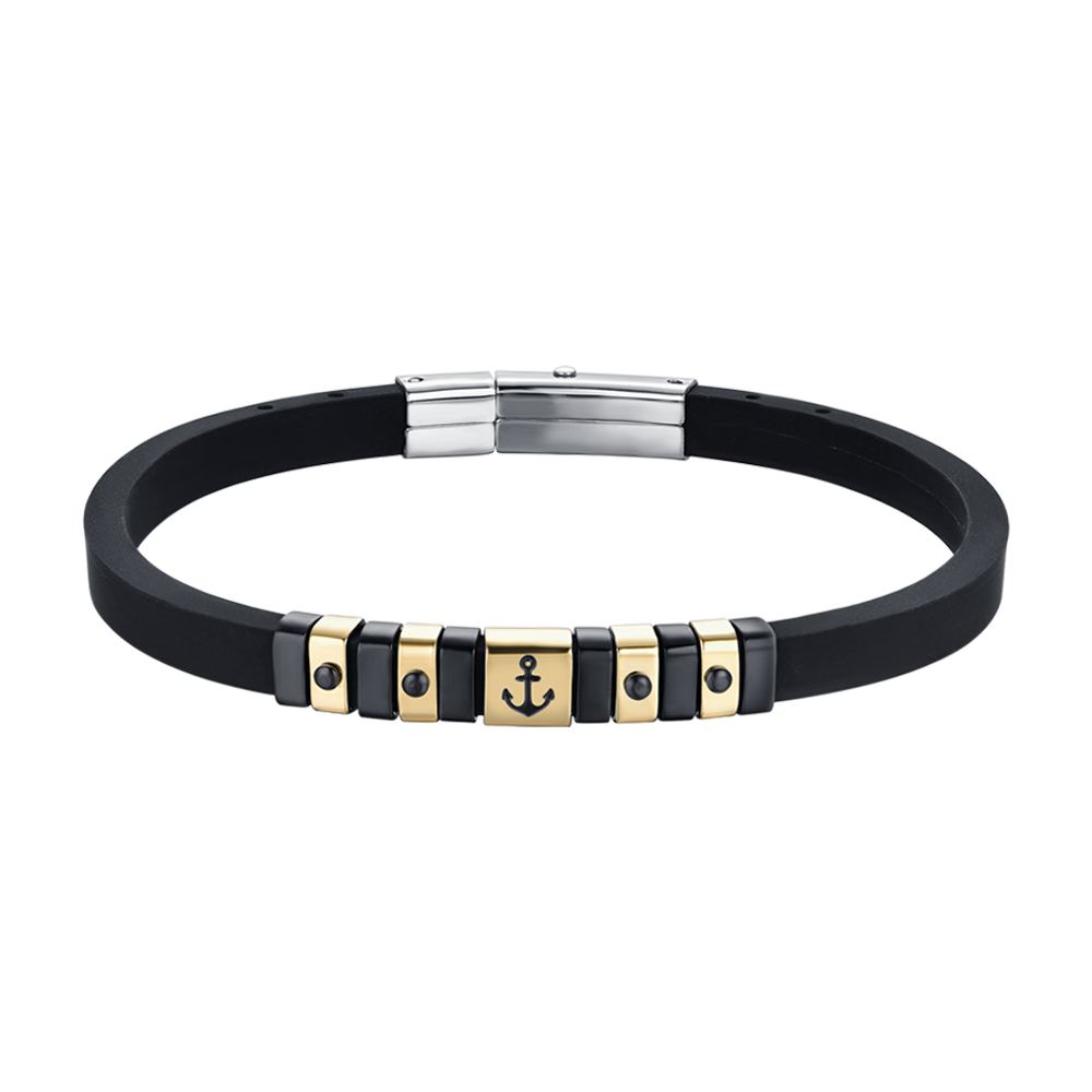 HERRENARMBAND AUS SCHWARZEM SILIKON MIT IP-GOLDENEN UND SCHWARZEN STAHLELEMENTEN MIT ANKER