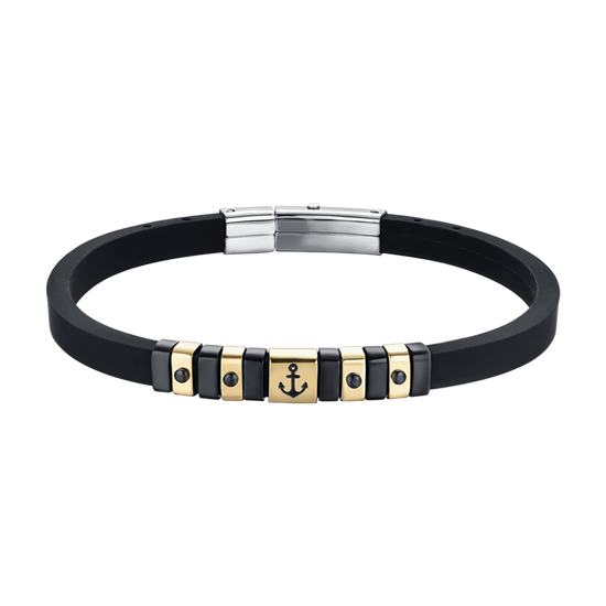 HERRENARMBAND AUS SCHWARZEM SILIKON MIT IP-GOLDENEN UND SCHWARZEN STAHLELEMENTEN MIT ANKER