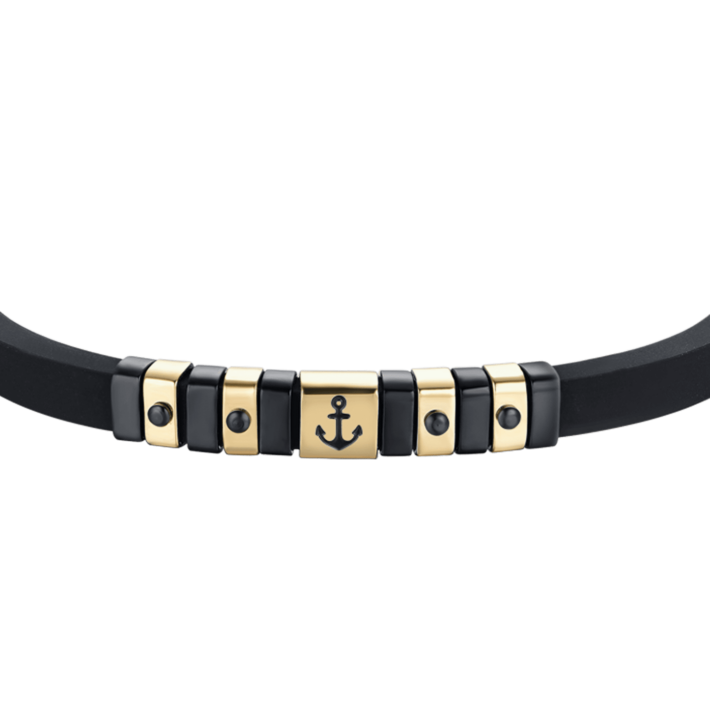 HERRENARMBAND AUS SCHWARZEM SILIKON MIT IP-GOLDENEN UND SCHWARZEN STAHLELEMENTEN MIT ANKER