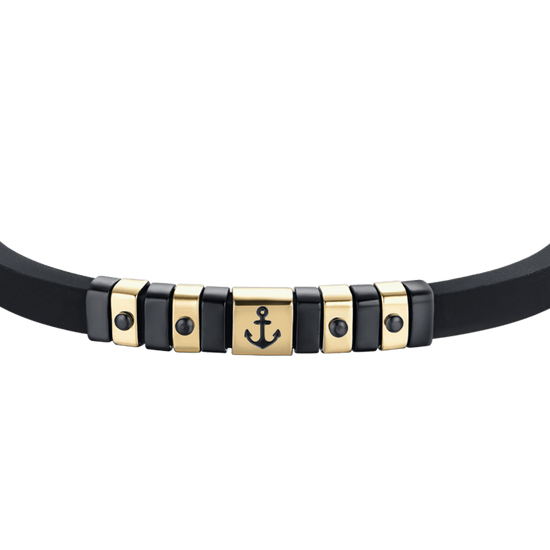 HERRENARMBAND AUS SCHWARZEM SILIKON MIT IP-GOLDENEN UND SCHWARZEN STAHLELEMENTEN MIT ANKER