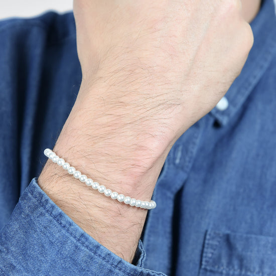 HERRENARMBAND AUS STAHL MIT WEISSEN PERLEN