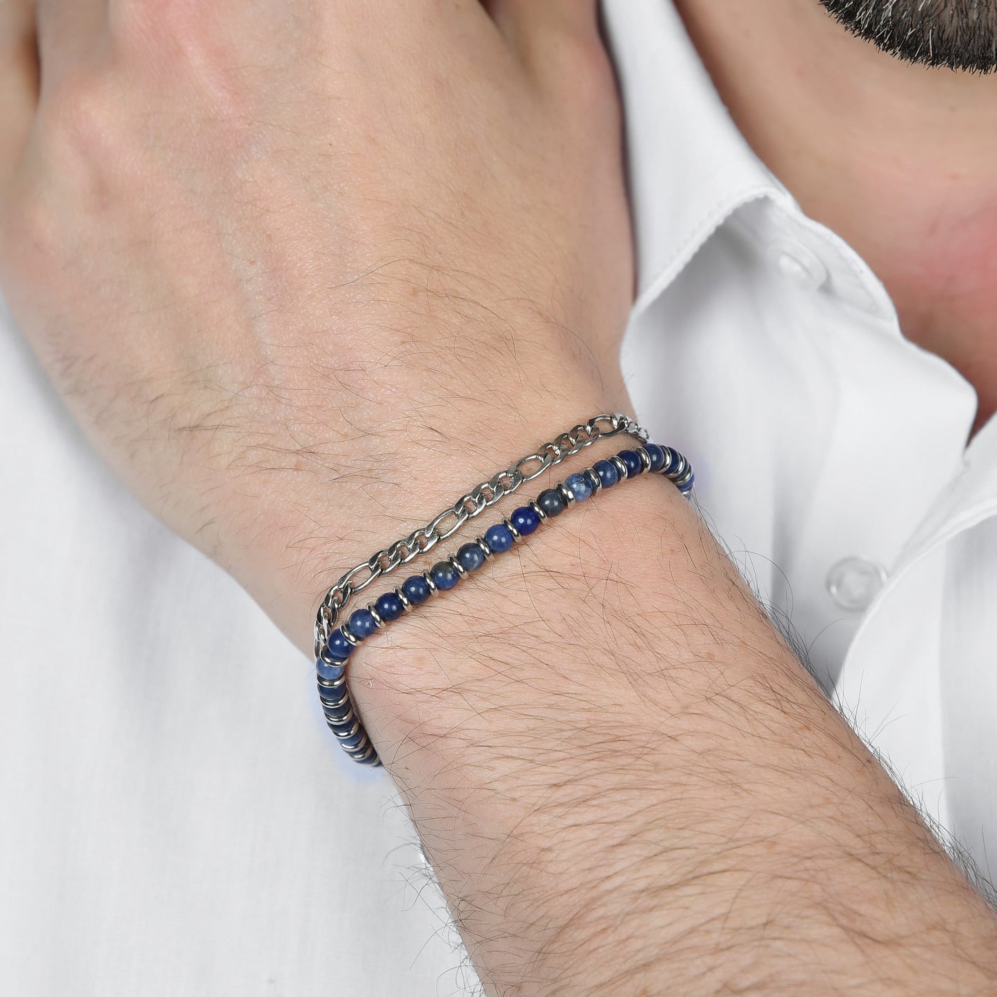 HERRENARMBAND AUS STAHL MIT BLAUEN STEINEN UND STAHLELEMENTEN