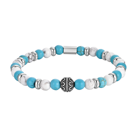 ELASTISCHES HERRENARMBAND MIT BLAUEN UND WEISSEN STEINEN UND STAHLELEMENTEN