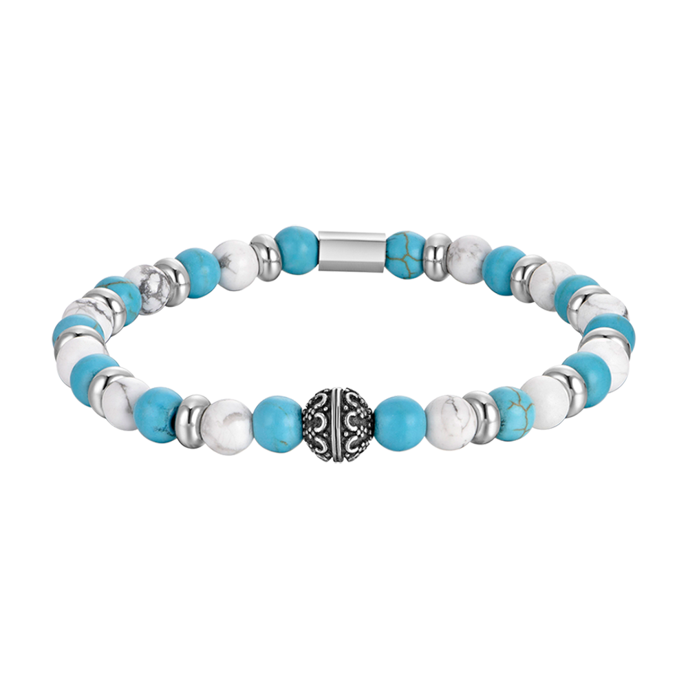 ELASTISCHES HERRENARMBAND MIT BLAUEN UND WEISSEN STEINEN UND STAHLELEMENTEN