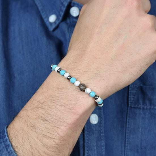 ELASTISCHES HERRENARMBAND MIT BLAUEN UND WEISSEN STEINEN UND STAHLELEMENTEN