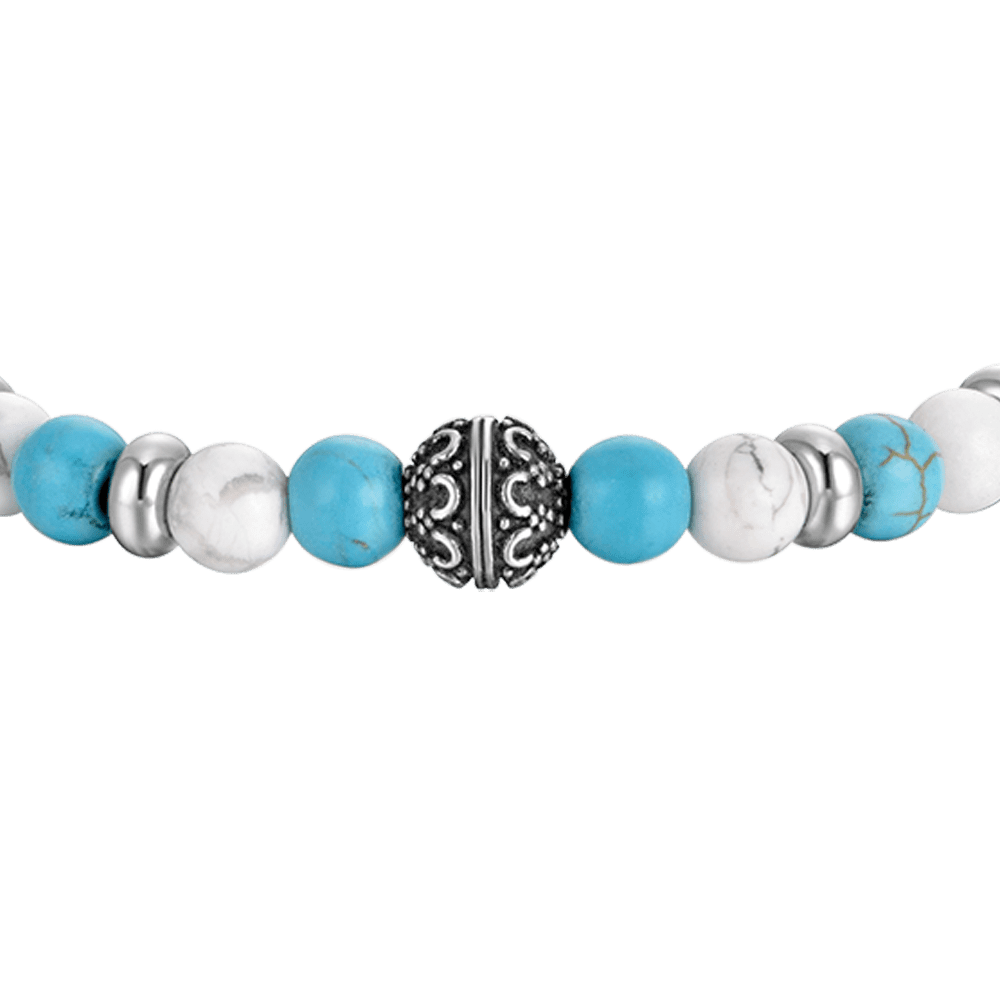 ELASTISCHES HERRENARMBAND MIT BLAUEN UND WEISSEN STEINEN UND STAHLELEMENTEN