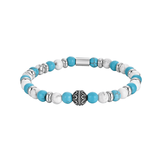 ELASTISCHES HERRENARMBAND MIT BLAUEN UND WEISSEN STEINEN UND STAHLELEMENTEN