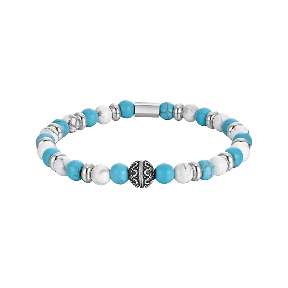 ELASTISCHES HERRENARMBAND MIT BLAUEN UND WEISSEN STEINEN UND STAHLELEMENTEN