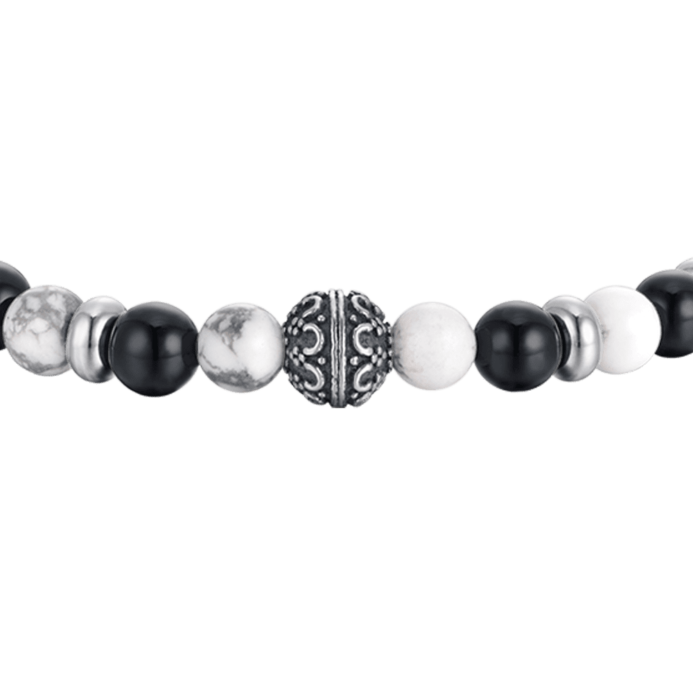 ELASTISCHES HERRENARMBAND MIT SCHWARZEN UND WEISSEN STEINEN UND STAHLELEMENTEN