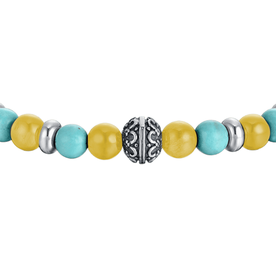 ELASTISCHES HERRENARMBAND MIT TÜRKISFARBENEN UND GELBEN STEINEN UND STAHLELEMENTEN