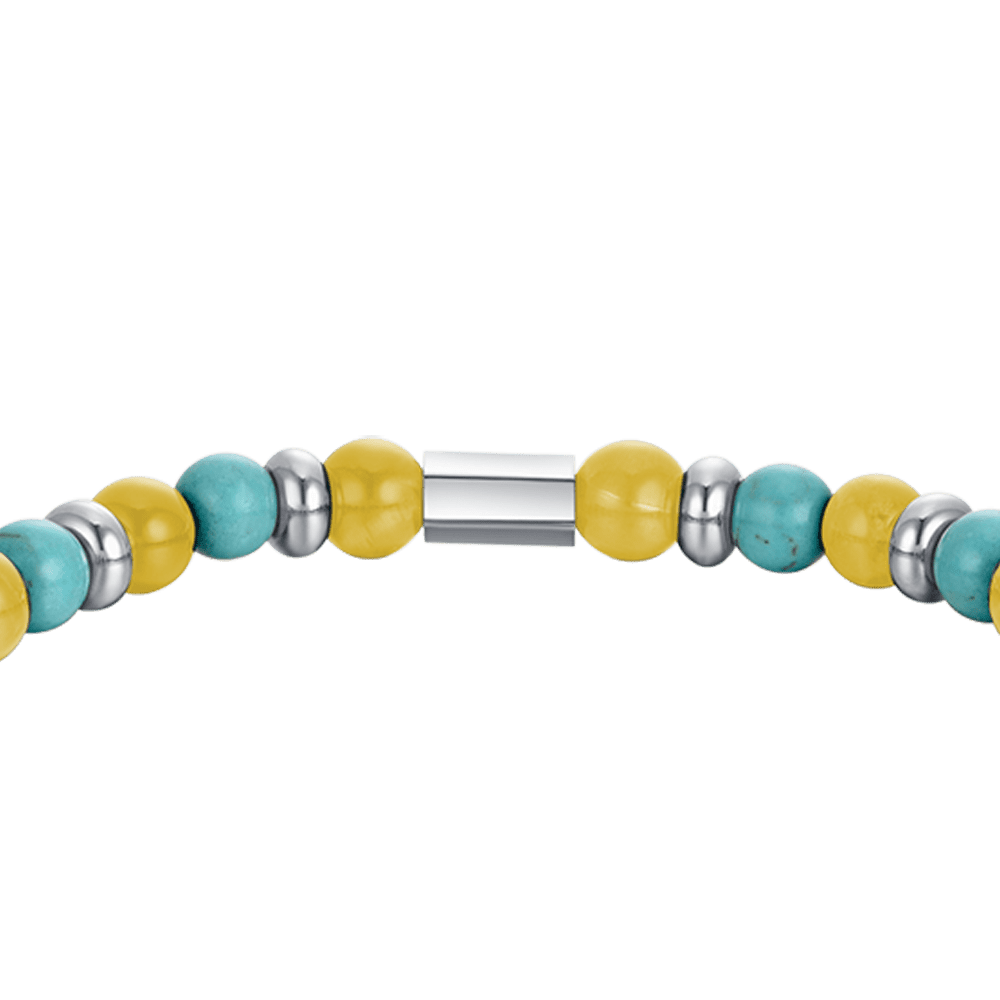 ELASTISCHES HERRENARMBAND MIT TÜRKISFARBENEN UND GELBEN STEINEN UND STAHLELEMENTEN