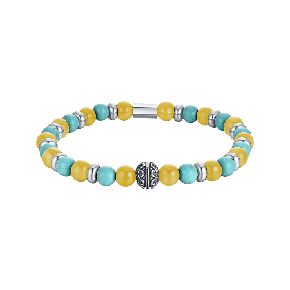 ELASTISCHES HERRENARMBAND MIT TÜRKISFARBENEN UND GELBEN STEINEN UND STAHLELEMENTEN