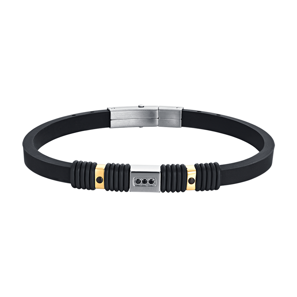 HERRENARMBAND AUS SCHWARZEM SILIKON MIT IP SCHWARZ UND IP GOLD STAHLELEMENTEN