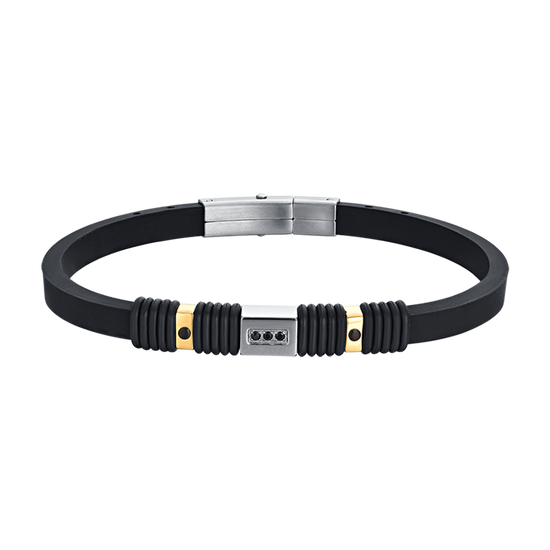 HERRENARMBAND AUS SCHWARZEM SILIKON MIT IP SCHWARZ UND IP GOLD STAHLELEMENTEN