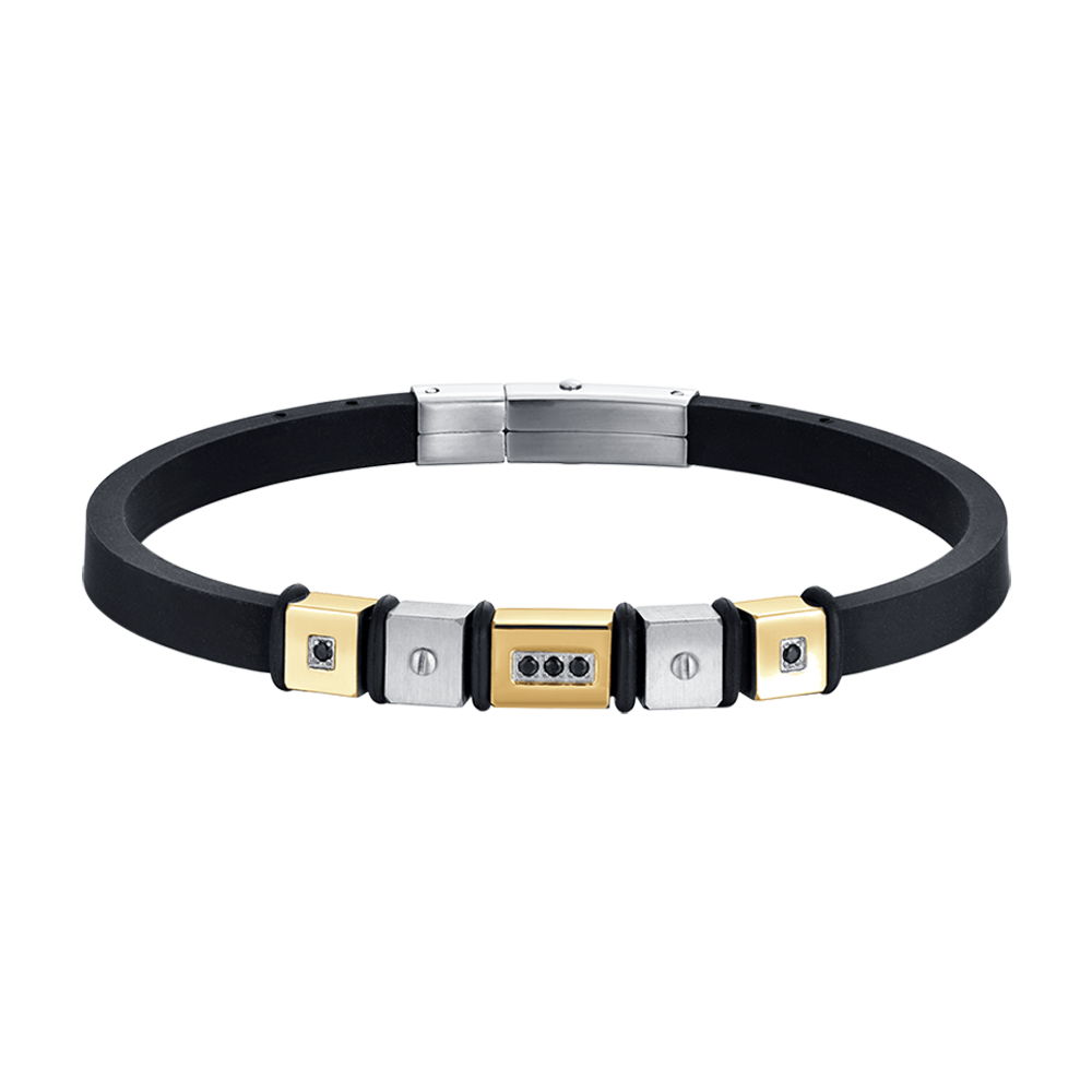 SCHWARZES ARMBAND AUS SILIKON FÜR MÄNNER MIT STAHL-ELEMENTE IP-GOLD Luca Barra