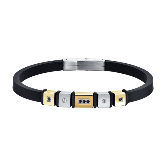 HERRENARMBAND AUS SCHWARZEM SILIKON MIT IP-GOLDENEN STAHLELEMENTEN