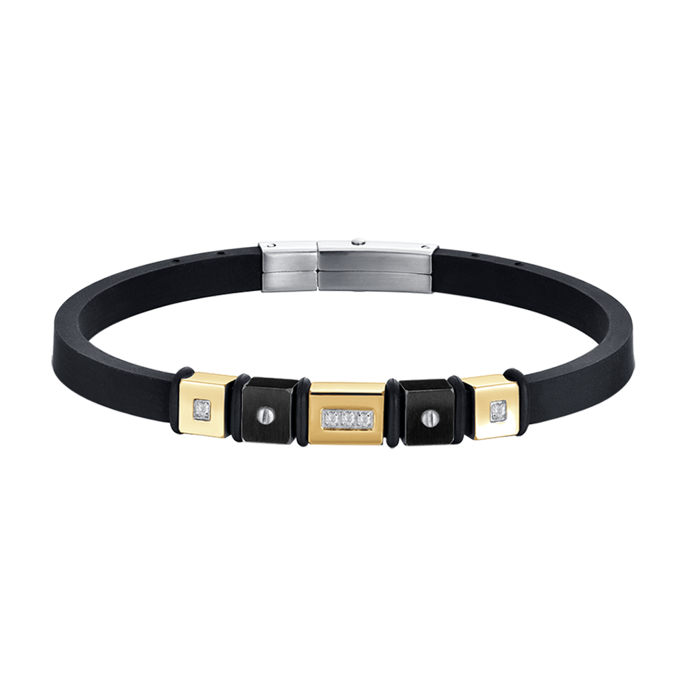 SCHWARZES SILIKON-HERRENARMBAND MIT IP-GOLD- UND IP-SchWARZSTAHL-ELEMENTE Luca Barra