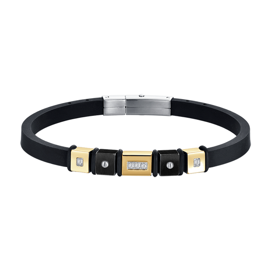 SCHWARZES SILIKON-HERRENARMBAND MIT IP-GOLD- UND IP-SchWARZSTAHL-ELEMENTE Luca Barra