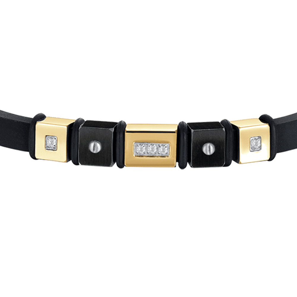 HERRENARMBAND AUS SCHWARZEM SILIKON MIT ELEMENTEN AUS IP GOLD UND IP SCHWARZEM STAHL