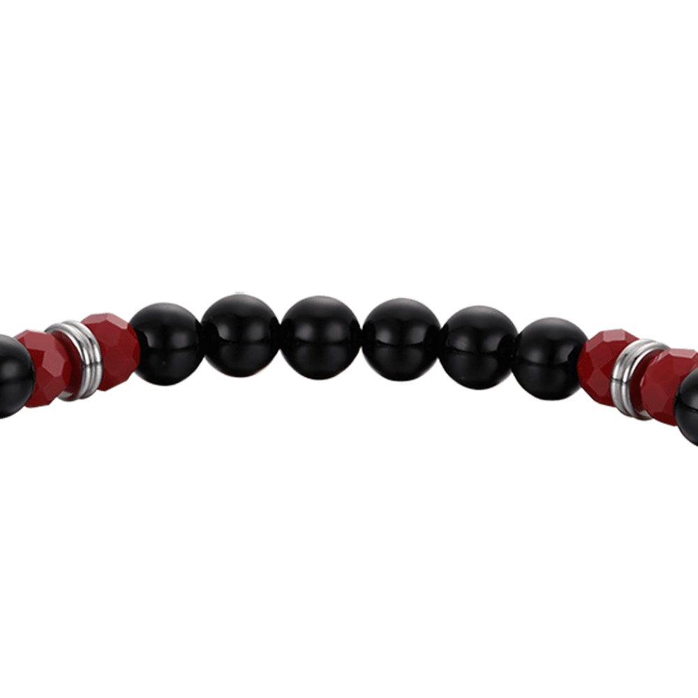 ELASTISCHES HERRENARMBAND MIT SCHWARZEN UND ROTEN STEINEN UND ROTEM HORN