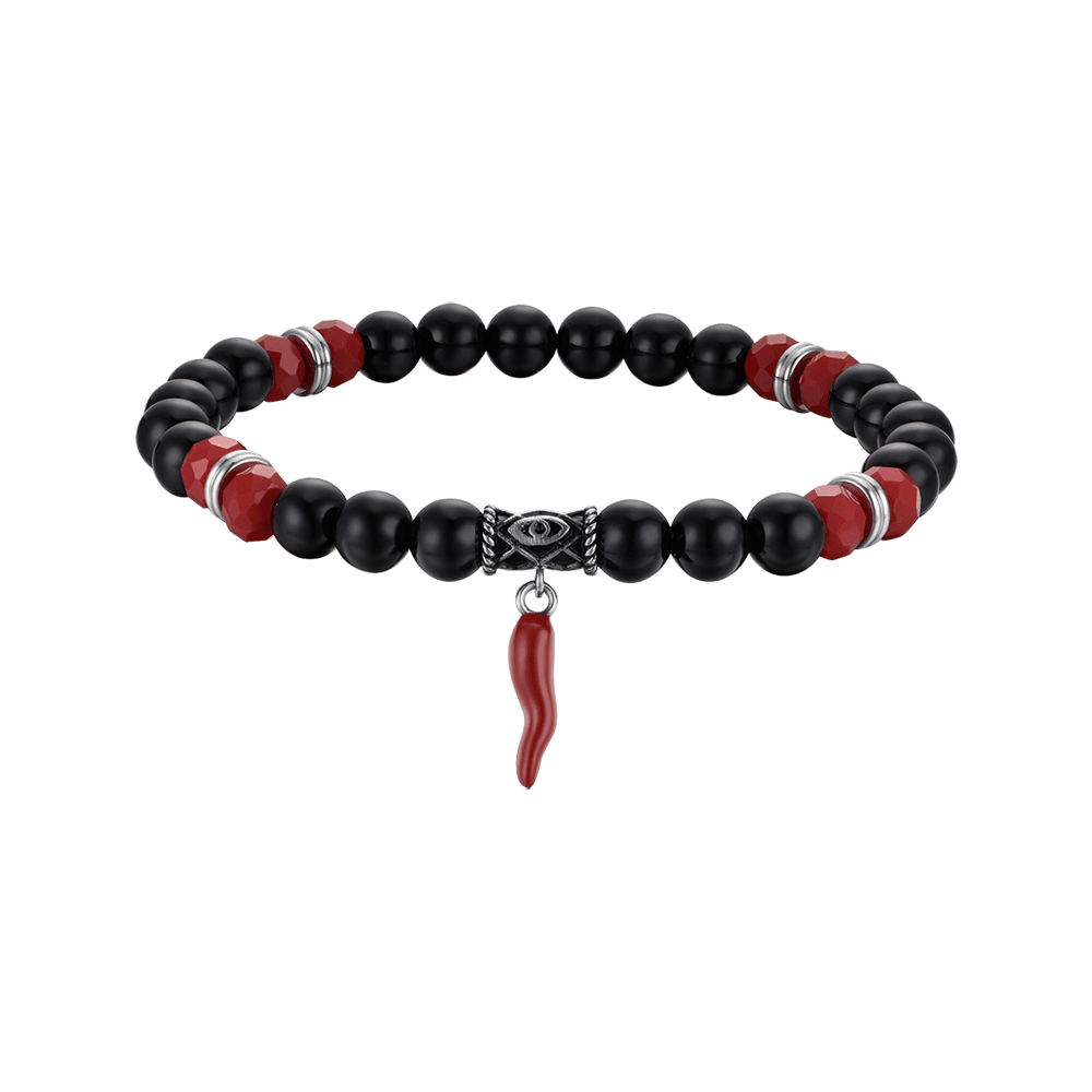 ELASTISCHES HERRENARMBAND MIT SCHWARZEN UND ROTEN STEINEN UND ROTEM HORN