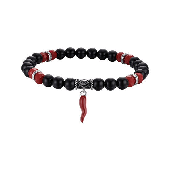 ELASTISCHES HERRENARMBAND MIT SCHWARZEN UND ROTEN STEINEN UND ROTEM HORN