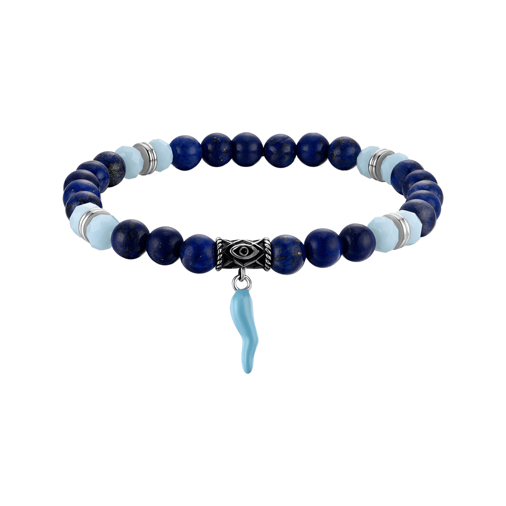 ELASTISCHES HERRENARMBAND MIT BLAUEN UND GRÜNEN STEINEN UND TÜRKISFARBENEM HORN