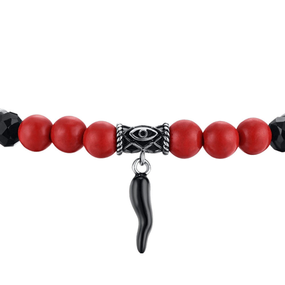 ELASTISCHES HERRENARMBAND MIT ROTEN UND SCHWARZEN STEINEN UND SCHWARZEM HORN