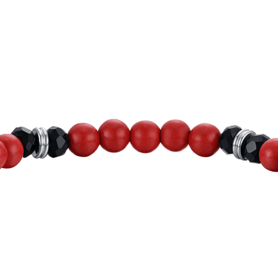 ELASTISCHES HERRENARMBAND MIT ROTEN UND SCHWARZEN STEINEN UND SCHWARZEM HORN