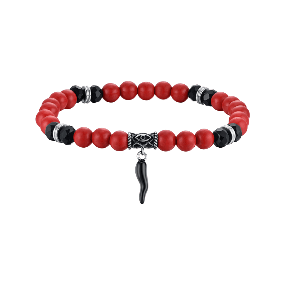 ELASTISCHES HERRENARMBAND MIT ROTEN UND SCHWARZEN STEINEN UND SCHWARZEM HORN