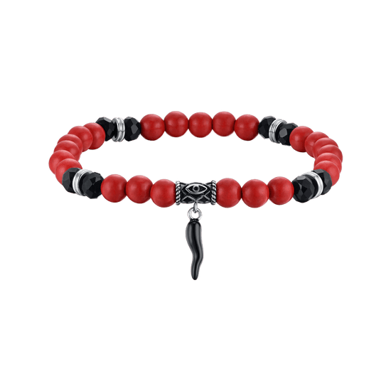 ELASTISCHES HERRENARMBAND MIT ROTEN UND SCHWARZEN STEINEN UND SCHWARZEM HORN