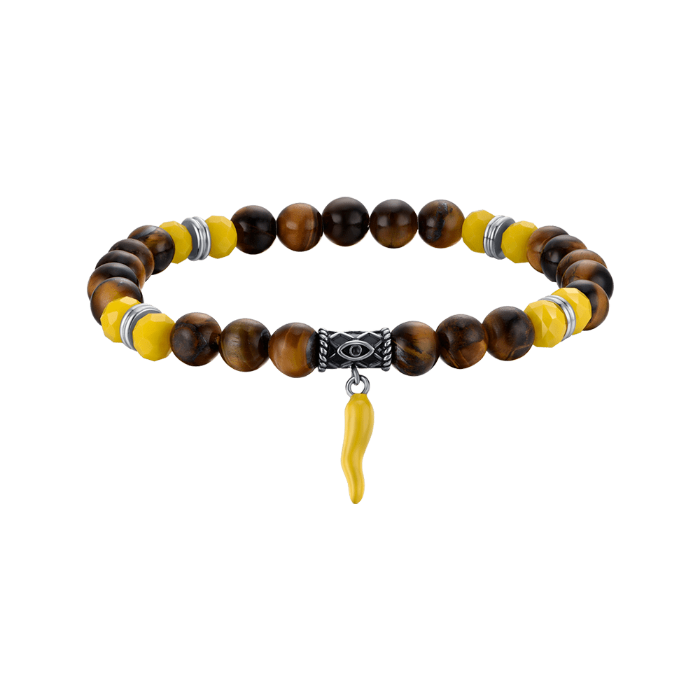 ELASTISCHES HERRENARMBAND MIT TIGERAUGE UND GELBEN HORNSTEINEN