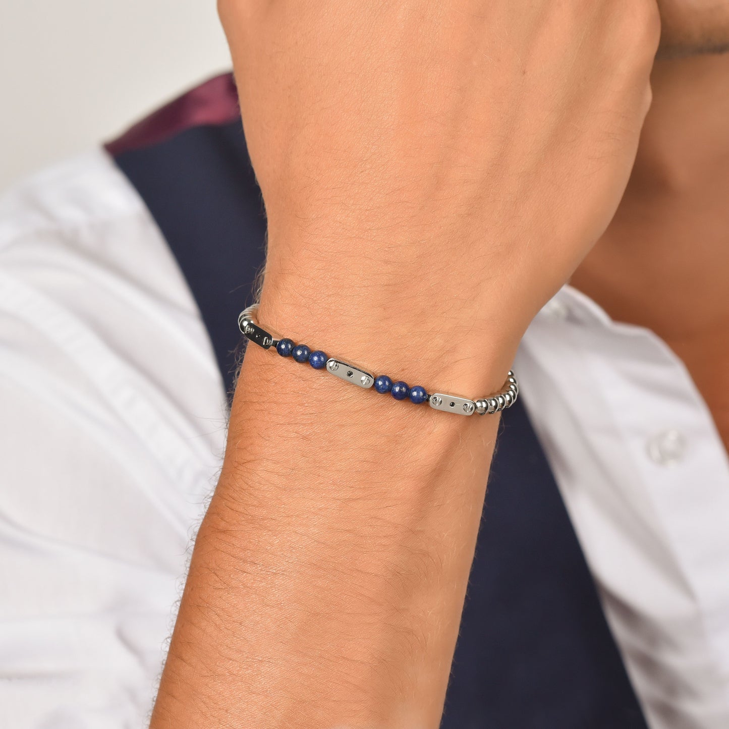 HERRENARMBAND AUS STAHL MIT LAPIS-STEINEN