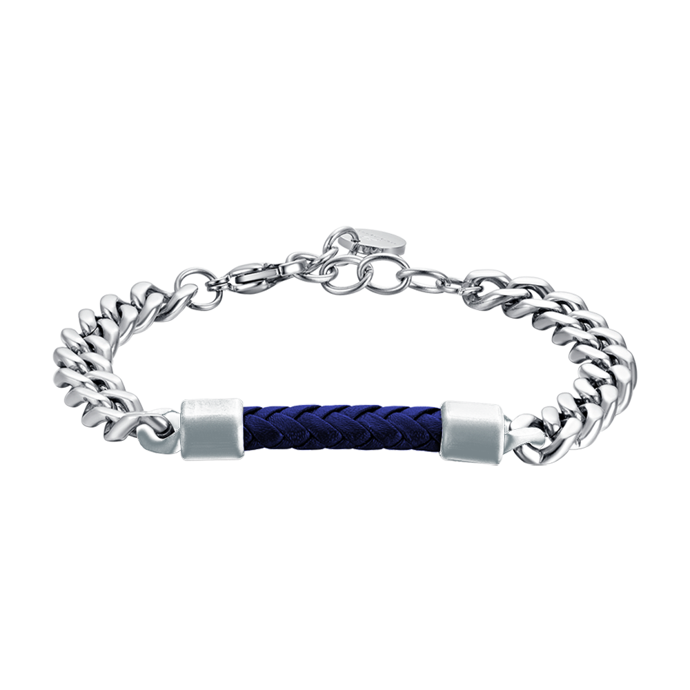 HERRENARMBAND AUS STAHL MIT BLAUEM LEDERELEMENT