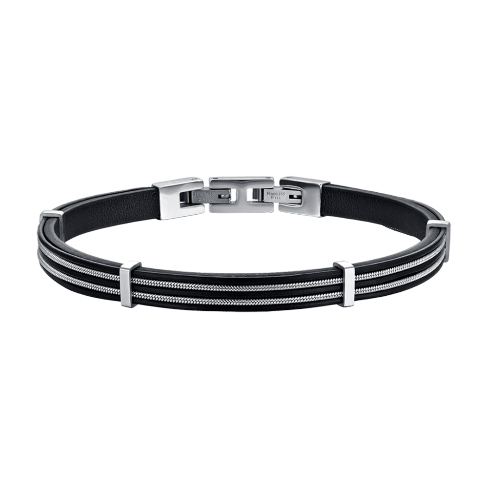 HERRENARMBAND AUS SCHWARZEM LEDER MIT STAHLELEMENTEN