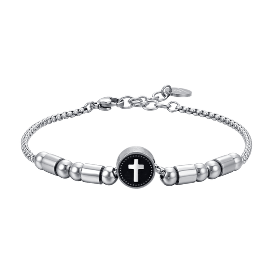 HERREN-ELEMENTARMBAND AUS STAHL MIT SILBERNEM KREUZ UND SCHWARZER EMAILLE