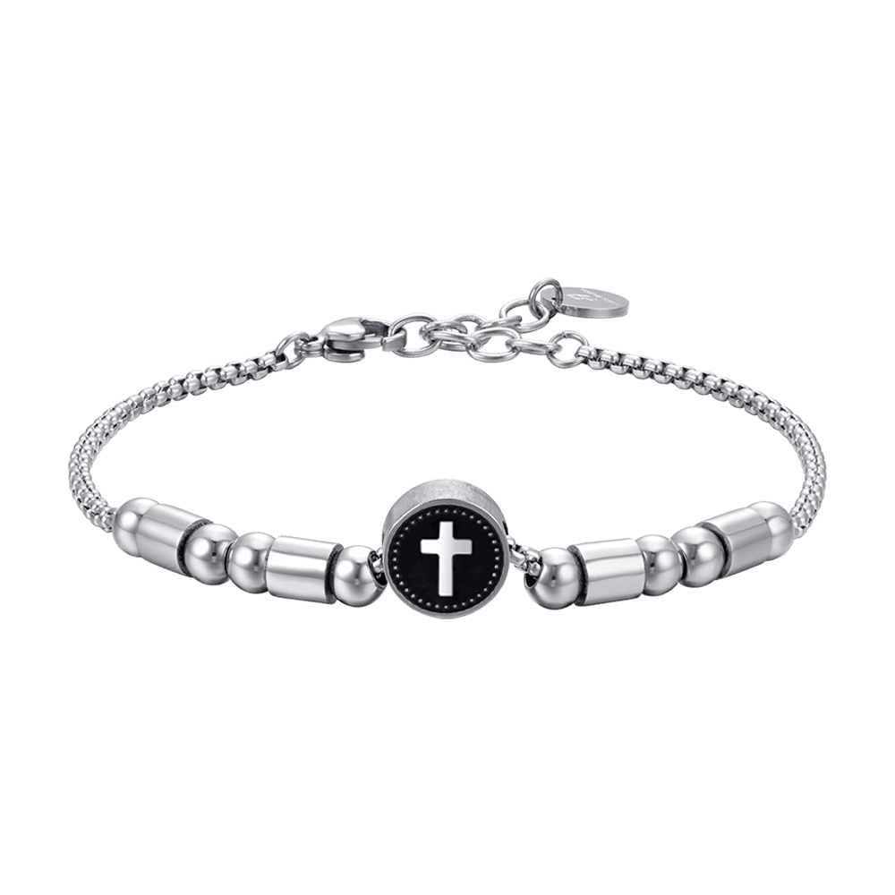 HERREN-ELEMENTARMBAND AUS STAHL MIT SILBERNEM KREUZ UND SCHWARZER EMAILLE