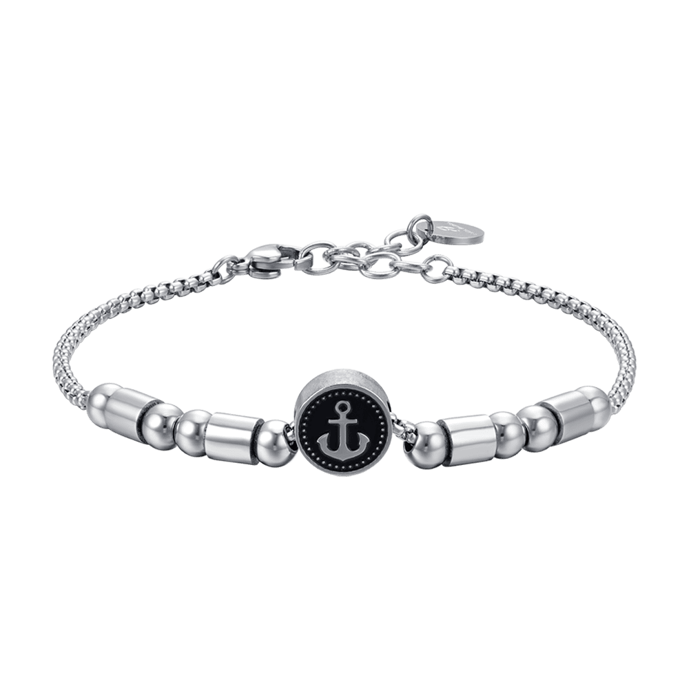 HERREN-ELEMENTARMBAND AUS STAHL MIT SILBERNEM ANKER UND SCHWARZER EMAILLE