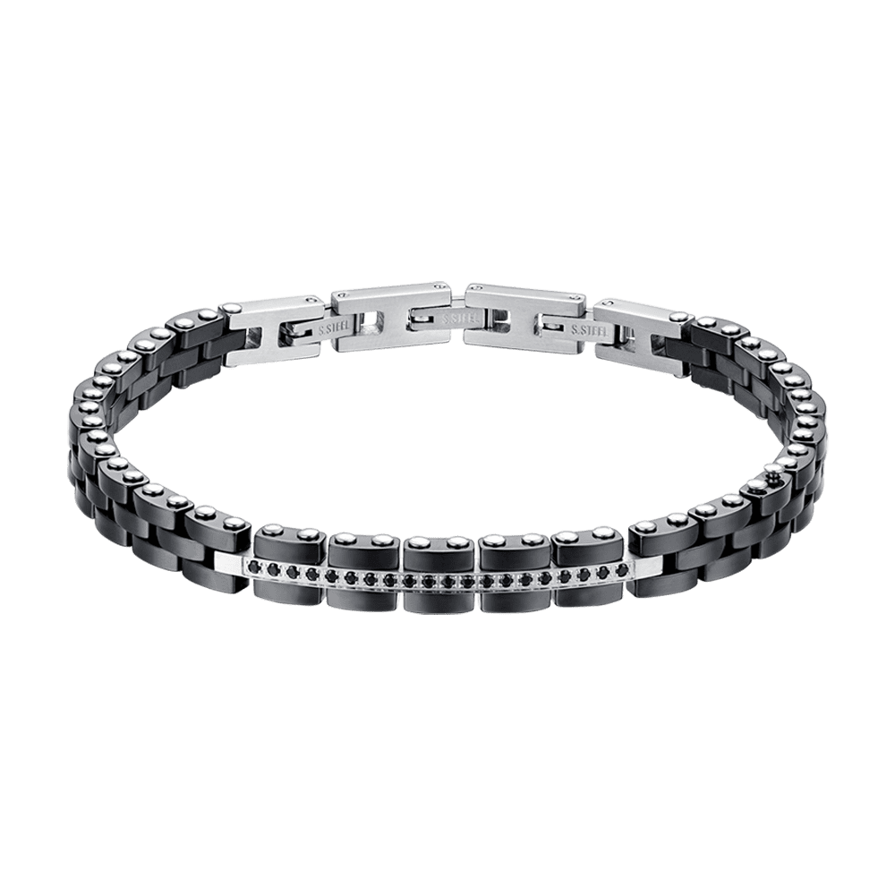 HERRENARMBAND AUS STAHL UND SCHWARZER KERAMIK MIT SCHWARZEN KRISTALLEN