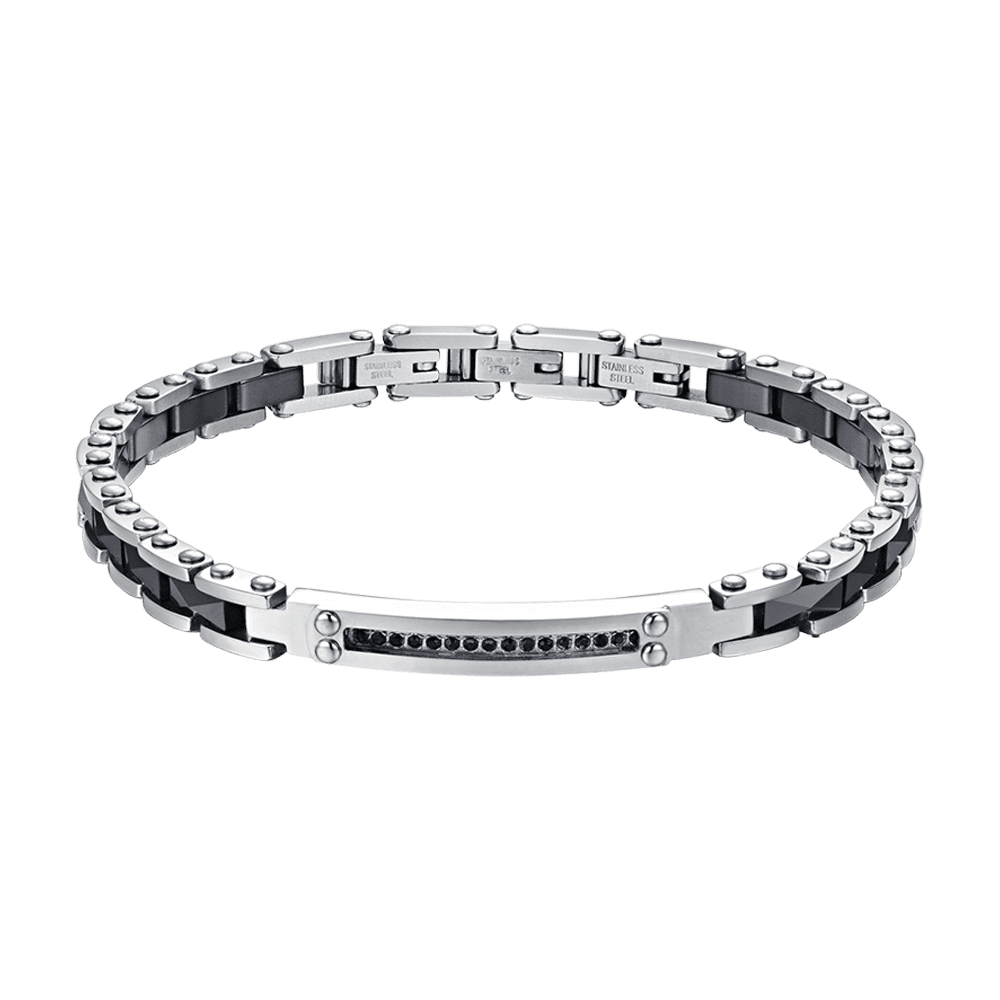 HERRENARMBAND AUS STAHL UND SCHWARZER KERAMIK MIT SCHWARZEN KRISTALLEN