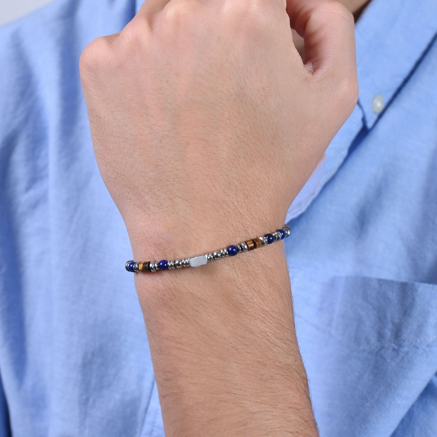 HERRENARMBAND AUS STAHL MIT LAPIS-STEIN