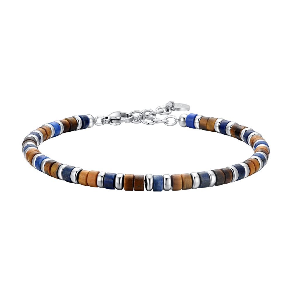 HERRENARMBAND AUS STAHL, TIGERAUGE UND LAPISLAZULI