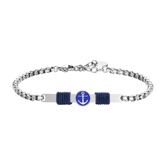 BRACCIALE IN ACCIAIO, PIASTRA CON SMALTO BLU E  ANCORA E CORDA BLU